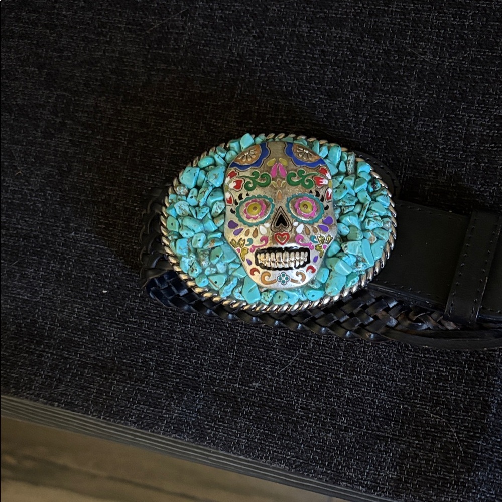 Buckle Black Belt with Turquoise Skull Buckle